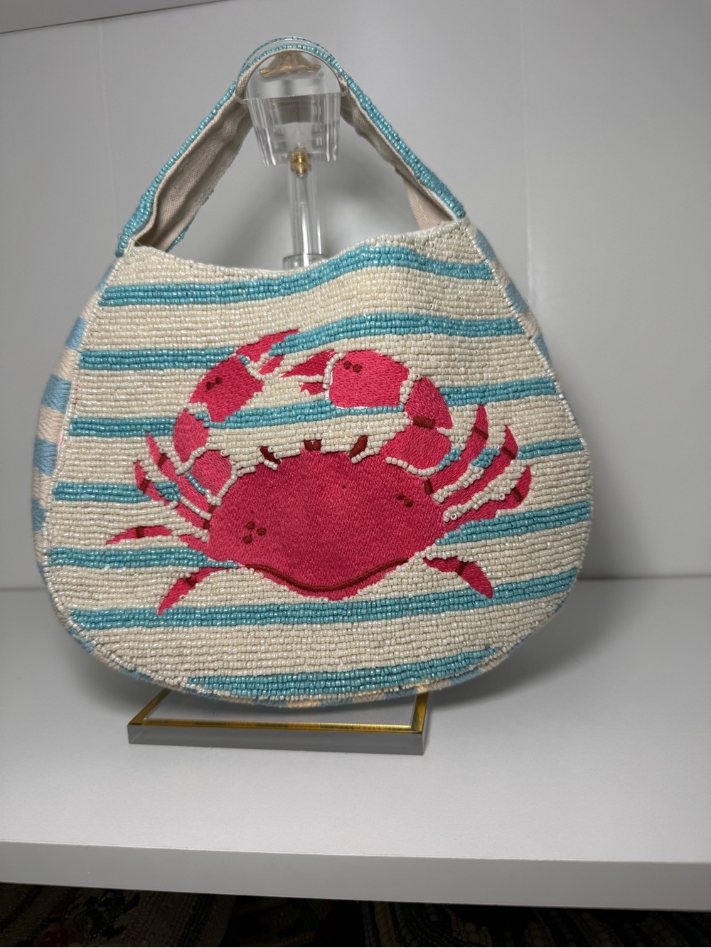 Striped Beaded Crab Tote - Pink & Turquoise